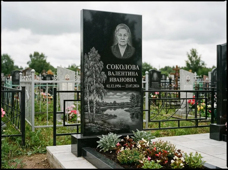 Памятник с гравировкой берёзы — гравировка берёзы у зеркального озера, работа «Соколова» в Челябинске