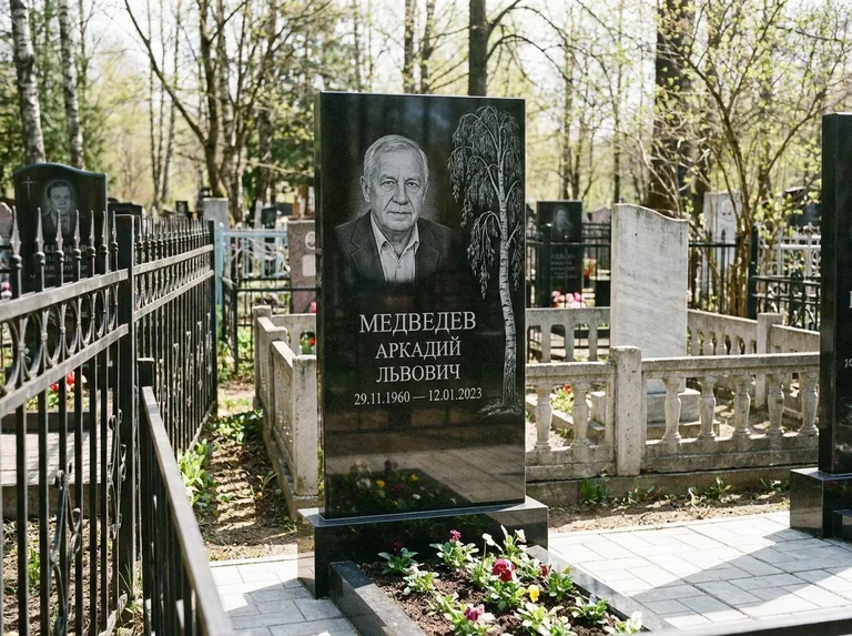 Памятник с гравировкой берёзы — гравировка плакучей берёзы с тонкими ветвями, работа «Медведев» в Челябинске