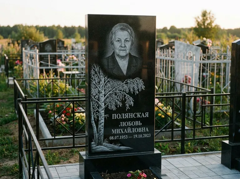 Памятник с гравировкой берёзы — гравировка зимней берёзы в инее, работа «Полянская» в Челябинске