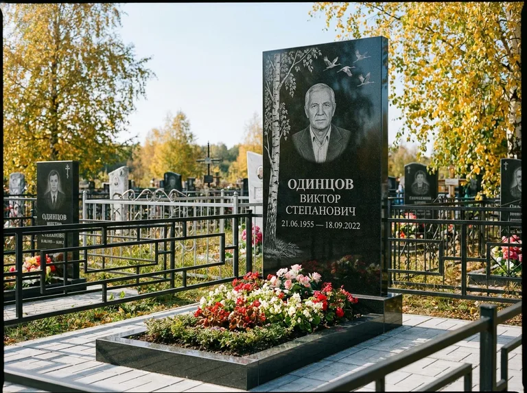 Памятник с гравировкой берёзы — гравировка берёзы с журавлиным клином в небе, работа «Одинцов» в Челябинске