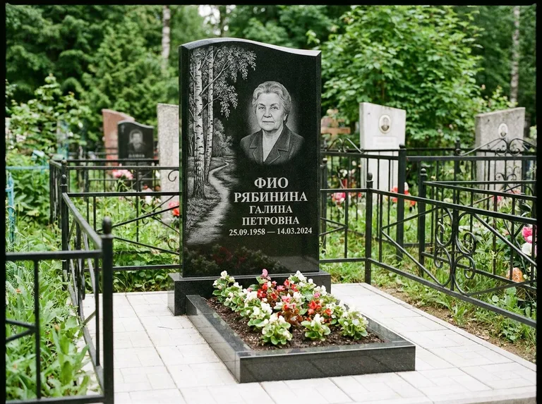Памятник с гравировкой берёзы — гравировка берёзы у тропинки, уходящей вдаль, работа «Рябинина» в Челябинске