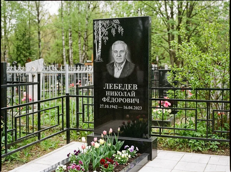 Памятник с гравировкой берёзы — гравировка одинокой берёзы над именем, работа «Лебедев» в Челябинске