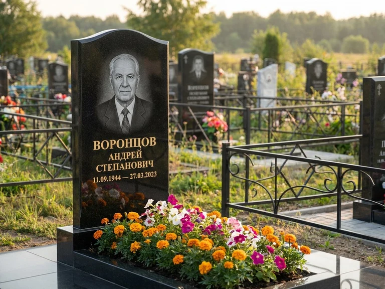 Гравировка фото на памятнике в Челябинске — готовый гравированный портрет на чёрном граните