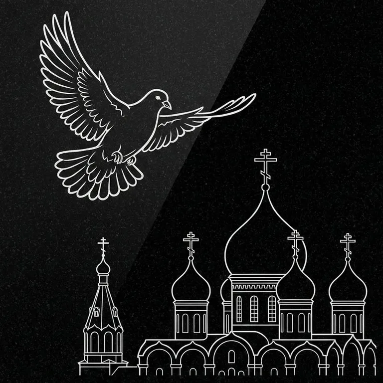 Эскиз гравировки голубей на памятник — голубь в небе над храмом в Челябинске