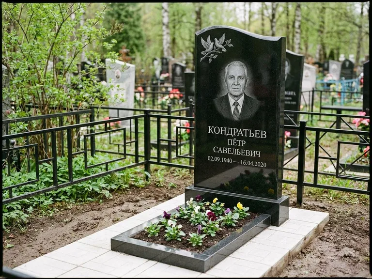 Памятник с гравировкой голубей — гравировка пары голубей на ветке в верхнем углу стелы, работа «Кондратьев» в Челябинске