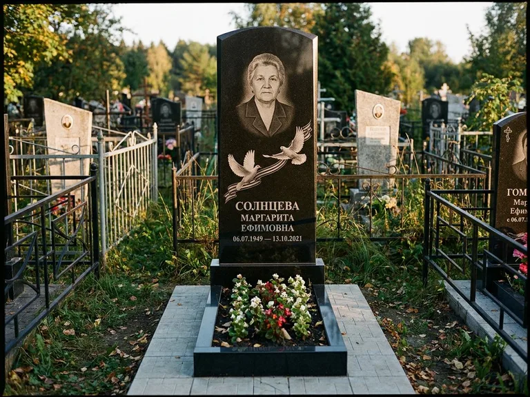 Памятник с гравировкой голубей — гравировка двух летящих голубей с лентой по диагонали стелы, работа «Солнцева» в Челябинске