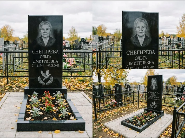 Памятник с гравировкой голубей — гравировка голубя над раскрытыми ладонями внизу стелы, работа «Снегирёва» в Челябинске
