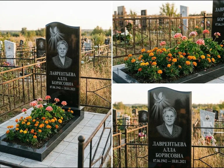 Памятник с гравировкой голубей — гравировка голубя в лучах света над портретом, работа «Лаврентьева» в Челябинске