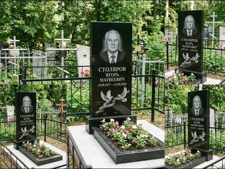 Памятник с гравировкой голубей — гравировка двух летящих голубей с лентой по диагонали стелы, работа «Столяров» в Челябинске