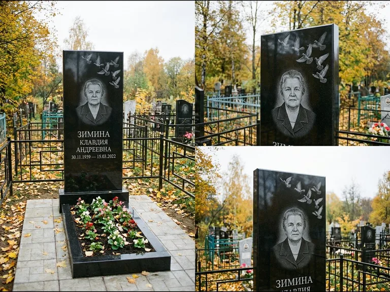 Памятник с гравировкой голубей — гравировка стаи голубей, взлетающей от угла стелы, работа «Зимина» в Челябинске