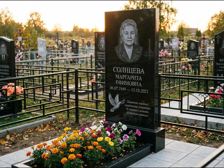 Памятник с гравировкой голубей — гравировка голубя с оливковой ветвью рядом с эпитафией, работа «Солнцева» в Челябинске