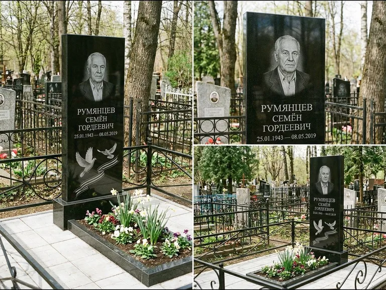 Памятник с гравировкой голубей — гравировка двух летящих голубей с лентой по диагонали стелы, работа «Румянцев» в Челябинске