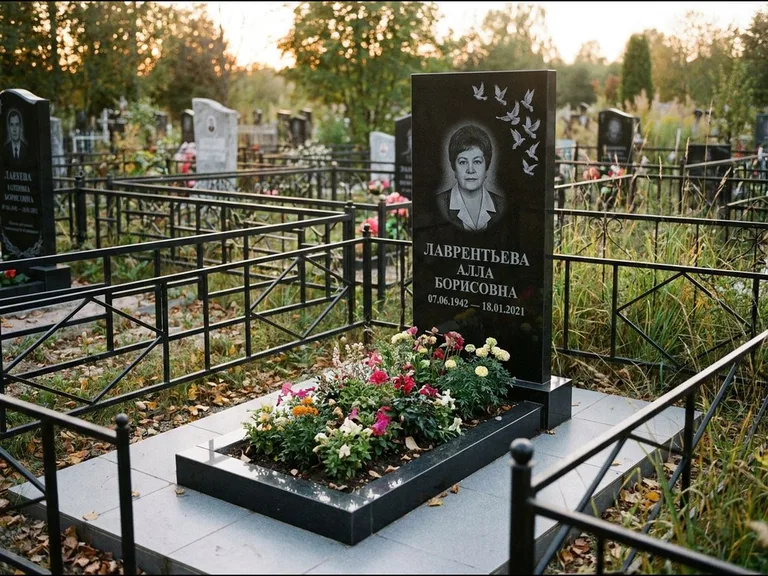 Памятник с гравировкой голубей — гравировка стаи голубей, взлетающей от угла стелы, работа «Лаврентьева» в Челябинске
