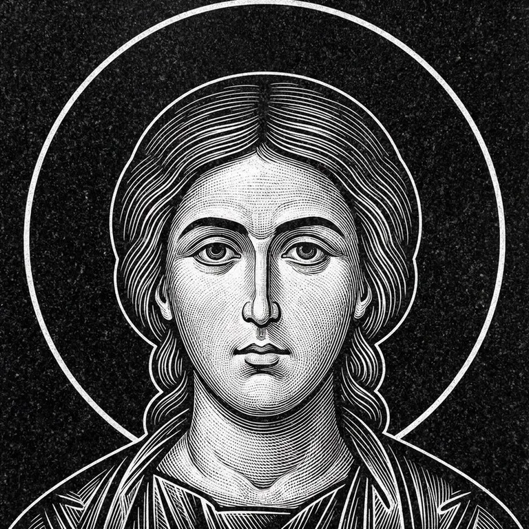Эскиз иконы: Георгий Победоносец — воинам, гравировка на памятник в Челябинске