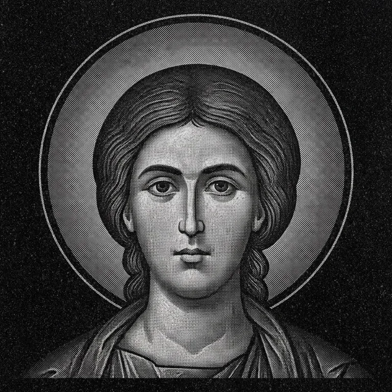 Эскиз иконы: Георгий Победоносец (полутон) — воинский образ, гравировка на памятник в Челябинске