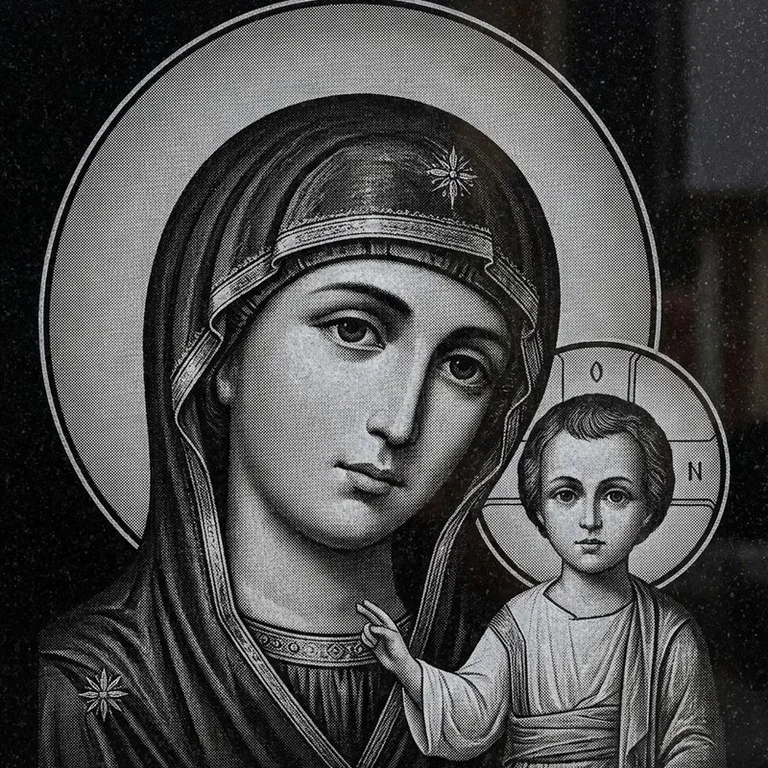 Эскиз иконы: Казанская (полутон) — детальный образ Богородицы, гравировка на памятник в Челябинске