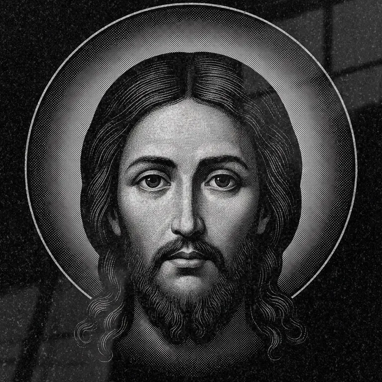 Эскиз иконы: Спас Нерукотворный (полутон) — детальный лик на убрусе, гравировка на памятник в Челябинске