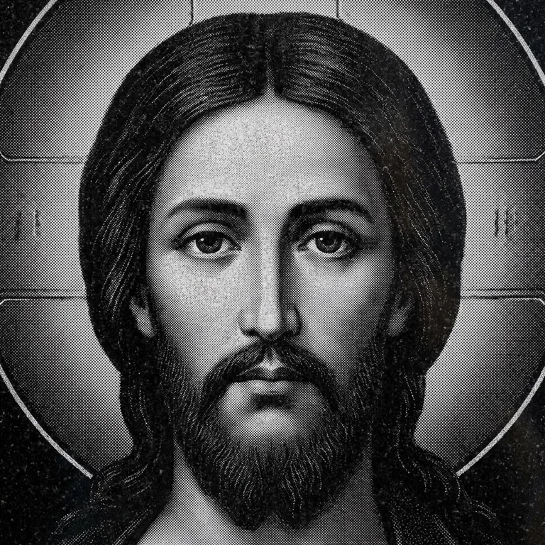 Эскиз иконы: Спас Вседержитель (полутон) — объёмный лик, светотень, гравировка на памятник в Челябинске