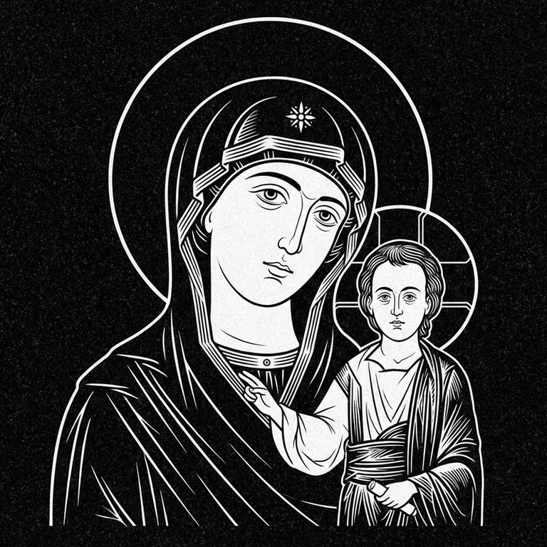 Эскиз иконы: «Утоли моя печали» — облегчение скорби, гравировка на памятник в Челябинске