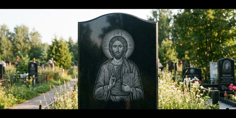 Иконы для гравировки на памятник в Челябинске — образ на стеле из чёрного гранита с ручной доводкой лика