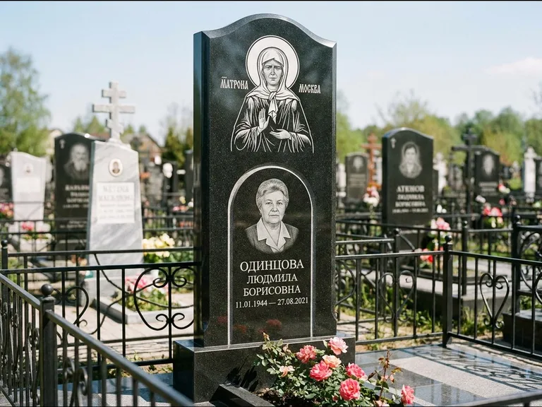 Памятник с гравировкой иконы — Владимирская икона Божией Матери с Младенцем, работа «Зотов» в Челябинске