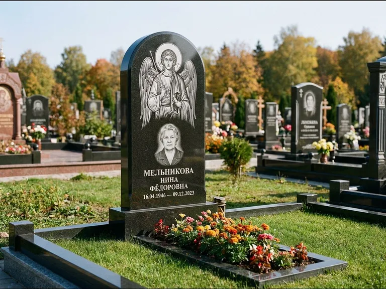 Памятник с гравировкой иконы — икона над портретом усопшего, работа «Журавлёв» в Челябинске