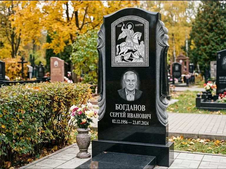 Памятник с гравировкой иконы — икона Спаса Вседержителя над именем усопшего, работа «Лебедева» в Челябинске