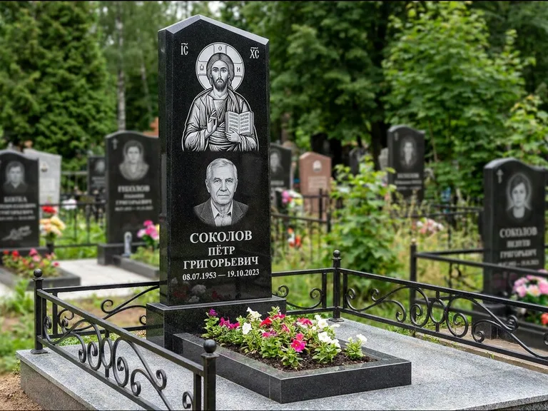 Памятник с гравировкой иконы — образ Николая Чудотворца, работа «Мельникова» в Челябинске
