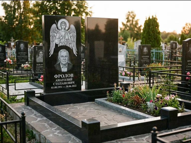 Памятник с гравировкой иконы: стела с резной рамкой вокруг иконы — Архангел Михаил на стеле, белая мраморная крошка с бордюром, работа «Богданова» в Челябинске