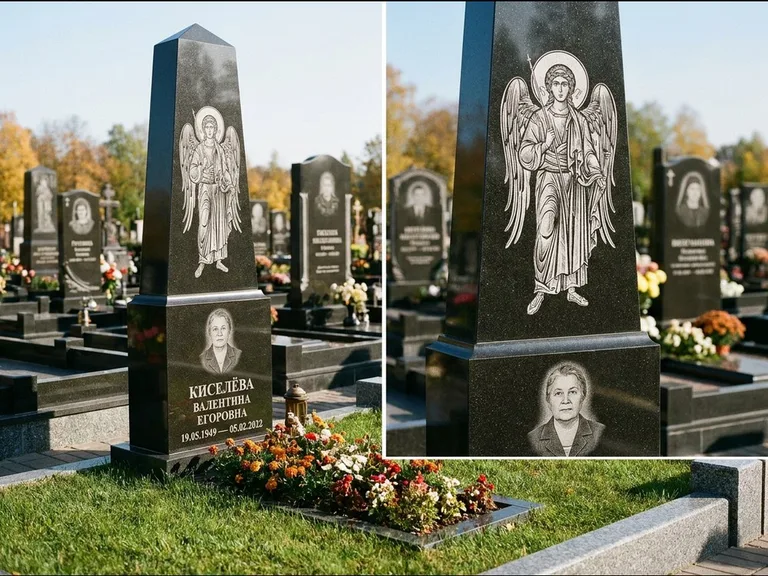Памятник с гравировкой иконы: асимметричная скошенная стела — гравировка образа Спасителя, живая изгородь из кустарника, работа «Третьяков» в Челябинске