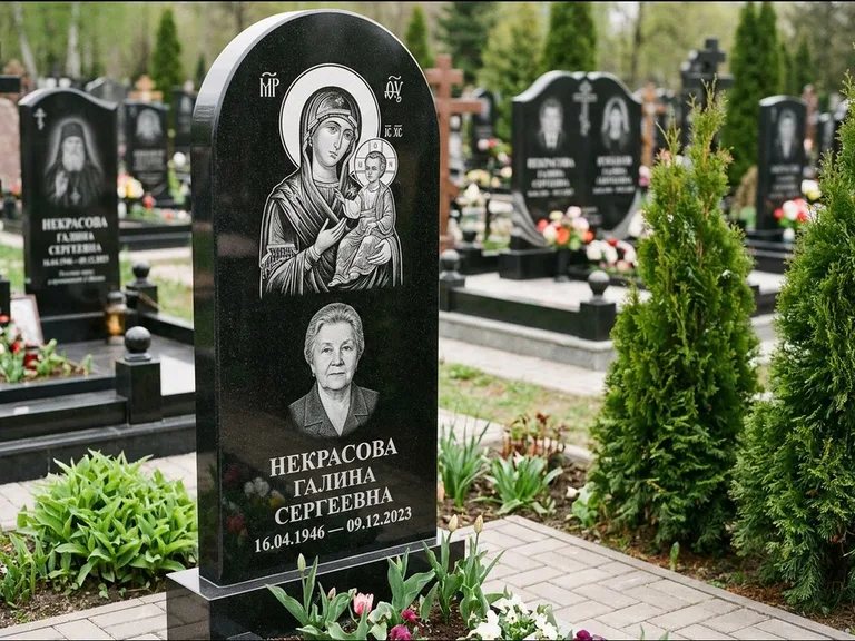 Памятник с гравировкой иконы: фигурная стела с киот-нишей под икону — икона в резной рамке-киоте, светлая гравийная отсыпка, работа «Журавлёв» в Челябинске