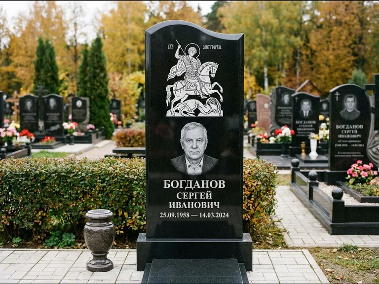 Памятник с гравировкой иконы: монументальный семейный мемориал из двух стел на общем цоколе — гравировка Николая Чудотворца, мощёная гранитная площадка без ограды, работа «Раевская» в Челябинске