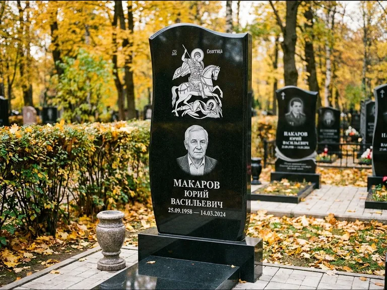 Памятник с гравировкой иконы — икона над портретом усопшего, работа «Раевская» в Челябинске