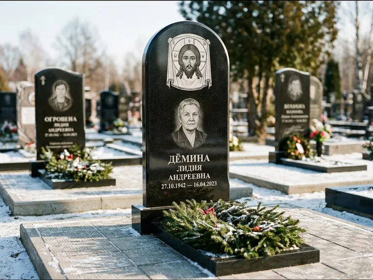Памятник с гравировкой иконы — икона Спаса Вседержителя над именем усопшего, работа «Ковалёв» в Челябинске