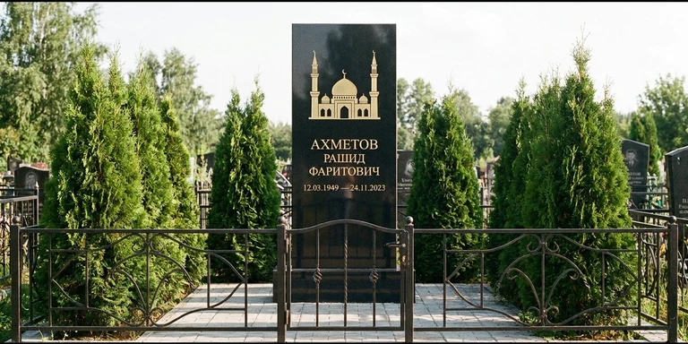 Гравировка мечети на памятник в Челябинске — стела из чёрного гранита, оформление по канонам ислама