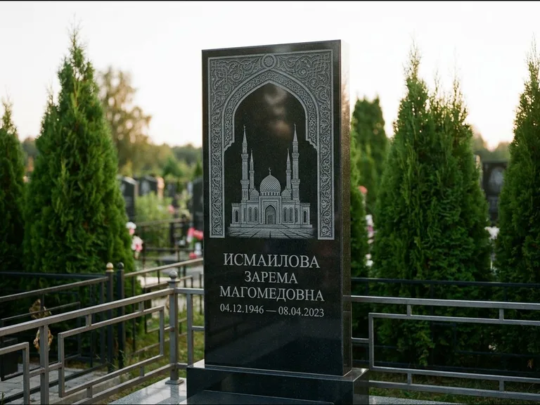 Мусульманский памятник с гравировкой мечети — мечеть в восточной арке с орнаментом, работа «Исмаилова» в Челябинске