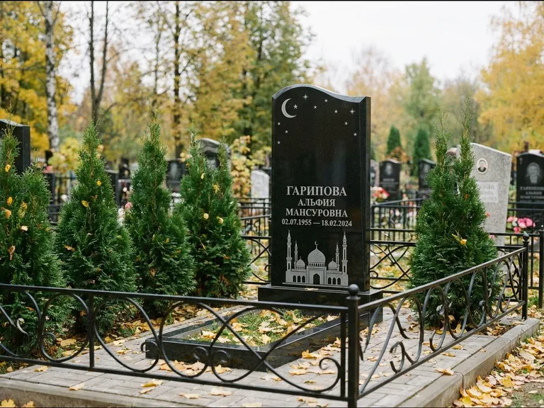 Мусульманский памятник с гравировкой мечети — мечеть с луной в ночном небе, работа «Гарипова» в Челябинске