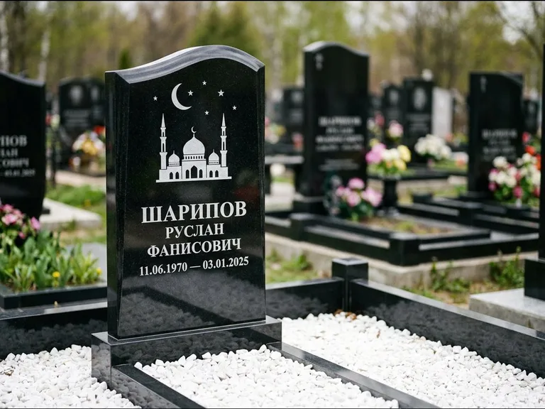 Мусульманский памятник с гравировкой мечети: стела с волнообразным скошенным верхом — гравировка мечети под полумесяцем и звёздами, белая мраморная крошка с бордюром, работа «Шарипов» в Челябинске
