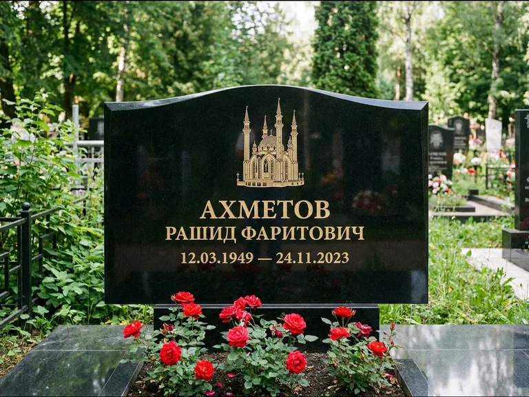 Мусульманский памятник с гравировкой мечети: широкая двойная семейная стела — золочёная гравировка мечети, цветник с красными розами, работа «Ахметов» в Челябинске