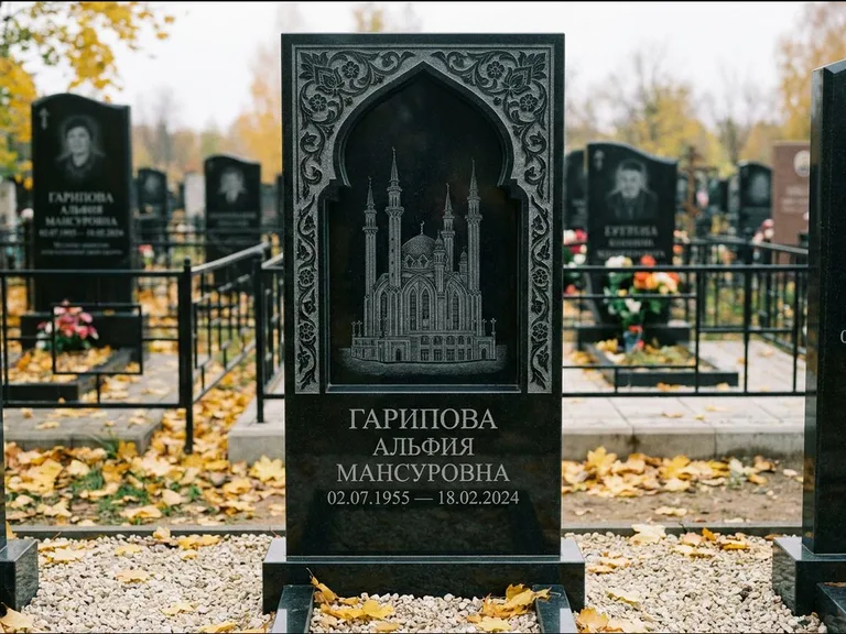 Мусульманский памятник с гравировкой мечети: фигурная стела с михраб-нишей — гравировка мечети в михраб-арке с орнаментом, светлая гравийная отсыпка, работа «Гарипова» в Челябинске