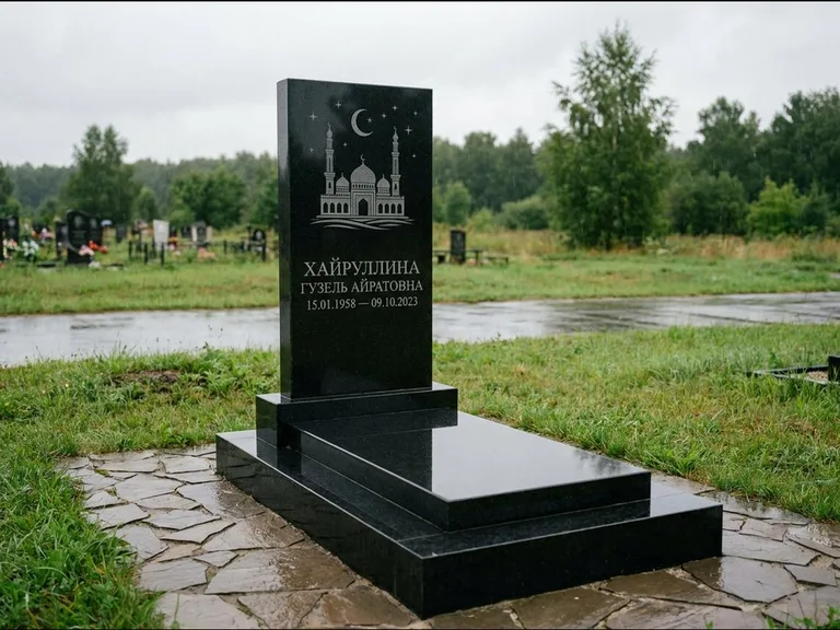 Мусульманский памятник с гравировкой мечети: ступенчатая двухуровневая стела — гравировка мечети под полумесяцем и звёздами, каменная дорожка из плитняка, работа «Хайруллина» в Челябинске
