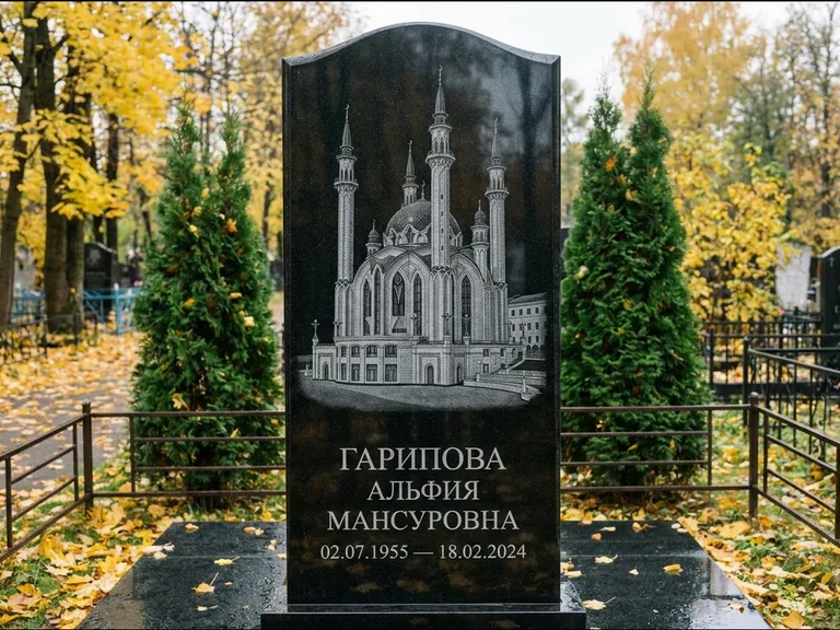 Мусульманский памятник с гравировкой мечети — мечеть Кул-Шариф на обороте стелы, работа «Гарипова» в Челябинске