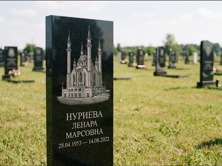 Мусульманский памятник с гравировкой мечети: узкая вертикальная стела-пилон — гравировка мечети в михраб-арке с орнаментом, открытая лужайка без ограды, работа «Хайруллина» в Челябинске