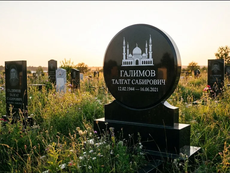 Мусульманский памятник с гравировкой мечети: округлая стела-медальон на тумбе — гравировка мечети в михраб-арке с орнаментом, луговые травы и полевые цветы, работа «Каримов» в Челябинске