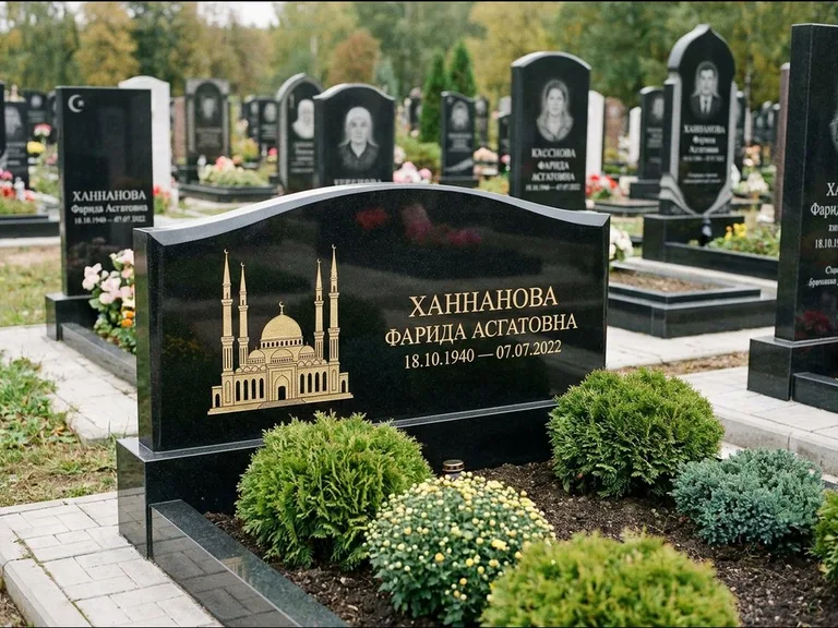 Мусульманский памятник с гравировкой мечети: вытянутая горизонтальная семейная стела с аркой — белая гравировка силуэта мечети с минаретами, участок с декоративными кустами, работа «Гарипова» в Челябинске