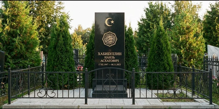 Гравировка на мусульманском памятнике в Челябинске — стела из чёрного гранита, оформление по канонам ислама
