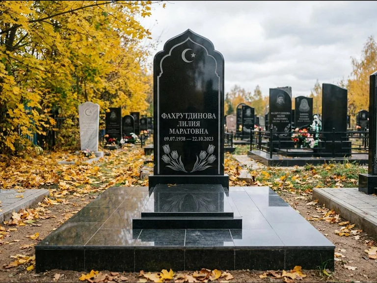 Мусульманский памятник: стела с михраб-навершием в форме арки — гравировка минарета с полумесяцем, гранитный цоколь с тёмной плиткой, работа «Фахрутдинова» в Челябинске