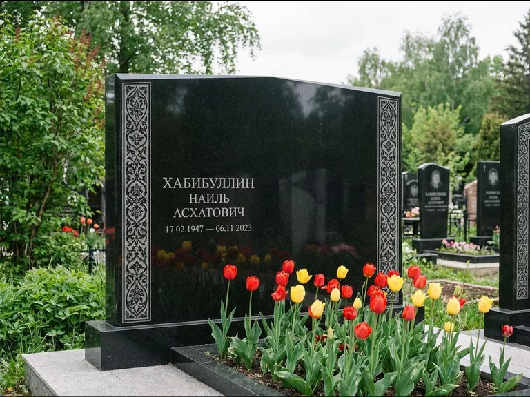 Мусульманский памятник: широкая двойная семейная стела — золочёная гравировка мечети, цветник с тюльпанами, работа «Хабибуллин» в Челябинске