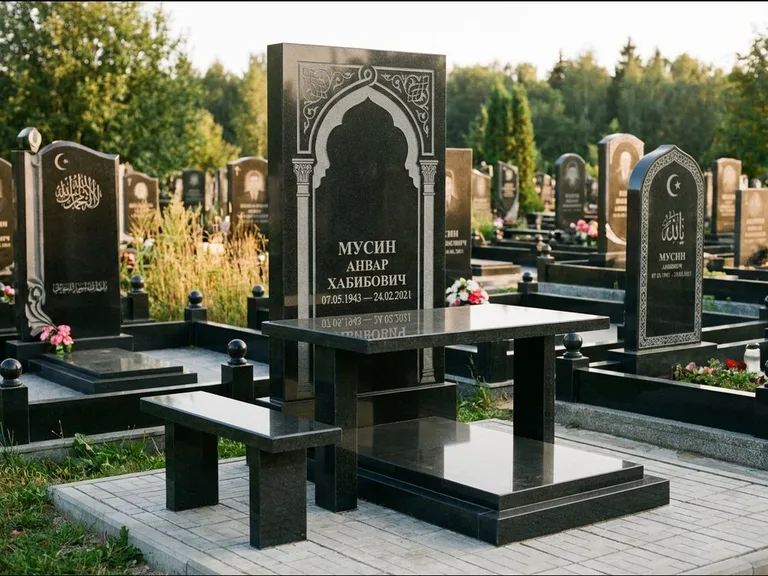 Мусульманский памятник: стела с гранитным столиком и скамьёй — гравировка мечети под полумесяцем и звёздами, семейный участок с плиткой, работа «Гимаев» в Челябинске