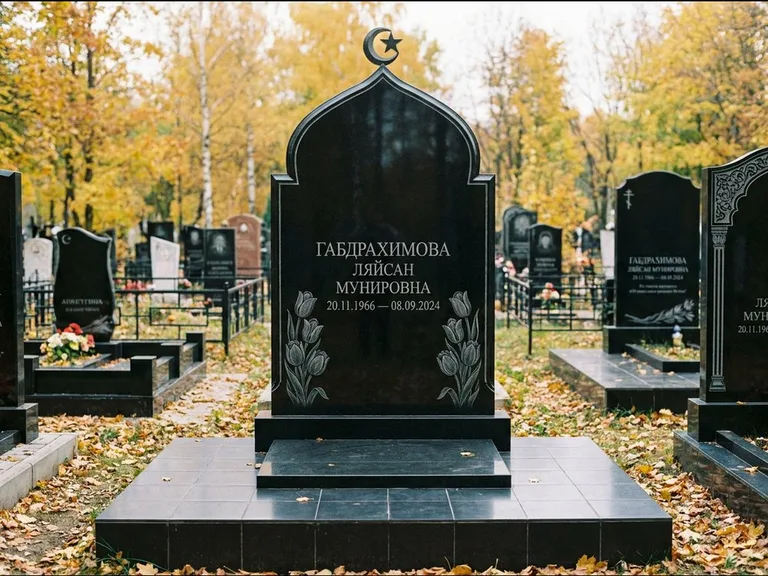 Мусульманский памятник: массивная стела с михраб-навершием — белая гравировка силуэта мечети с минаретами, цоколь тёмной плиткой, работа «Магомедова» в Челябинске